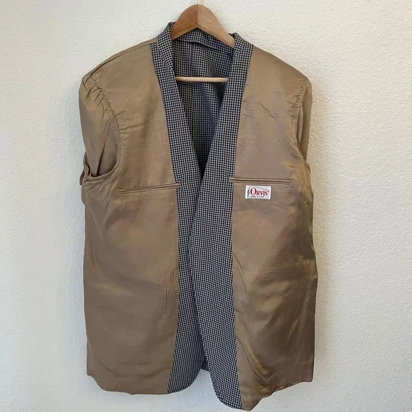 Vintage Orvis Gingham Check Blazer Mens 46R Navy Tan Sport Coat Union Made USA - Picture 8 of 16